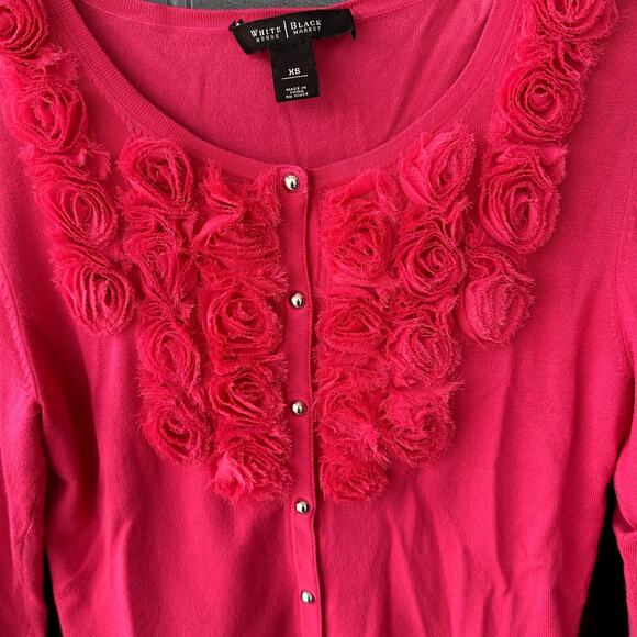 WHBM Sz XS Hot Pink Roses Rosettes Cardigan Sweater w/ Silver, Coquette Romantic - Picture 2 of 8
